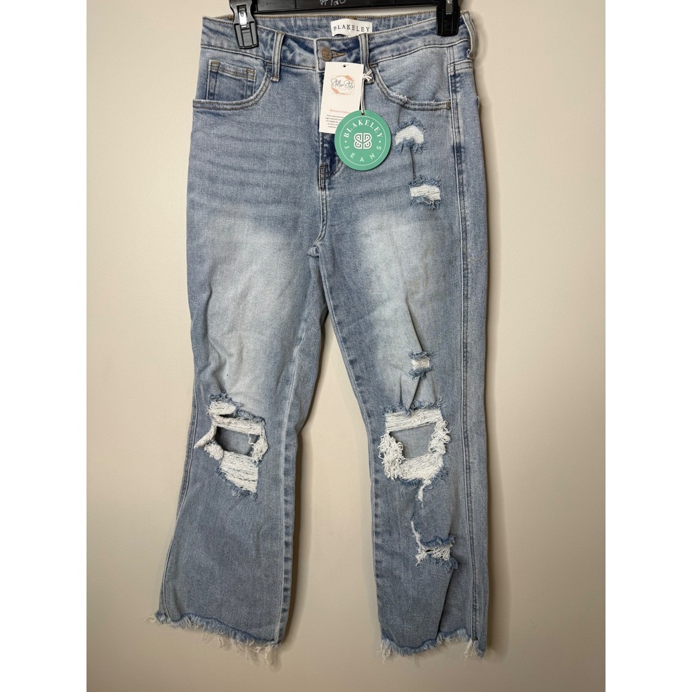 Blakeley Womens Distressed High Rise Straight Leg Jeans Light Wash Frayed Hem 5